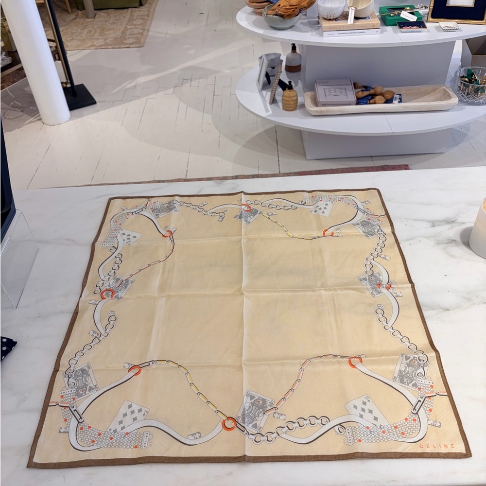 Celine Beige and Orange Silk Scarf with Chain Cards Motif